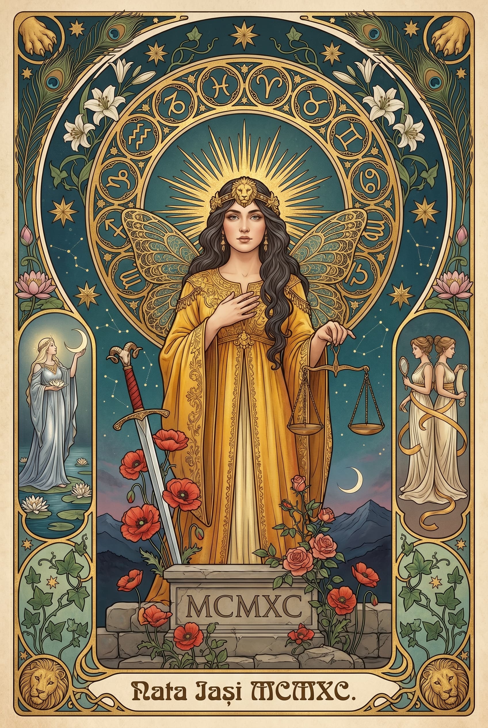 Lunar portrait mockup — a Renaissance-style figure evoking the Moon sign